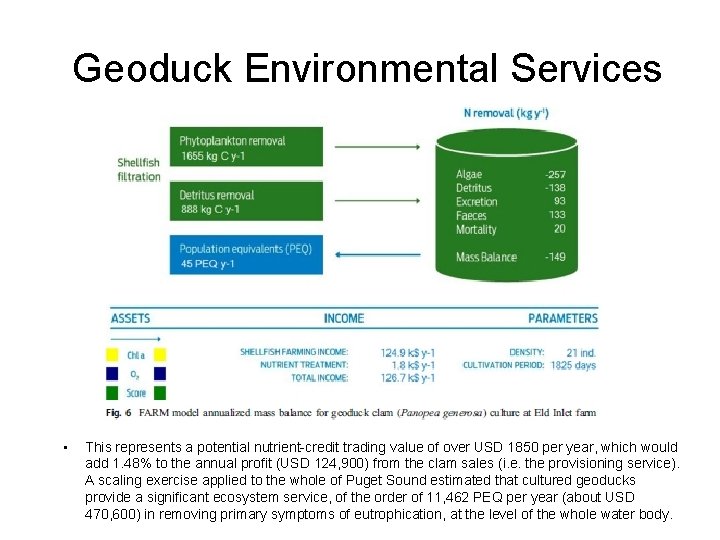 Geoduck Environmental Services • This represents a potential nutrient-credit trading value of over USD