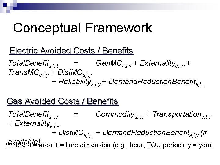 Conceptual Framework Electric Avoided Costs / Benefits Total. Benefita, h, t = Gen. MCa,