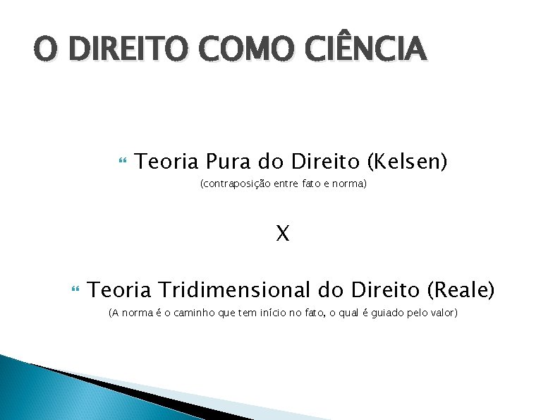 O DIREITO COMO CIÊNCIA Teoria Pura do Direito (Kelsen) (contraposição entre fato e norma)