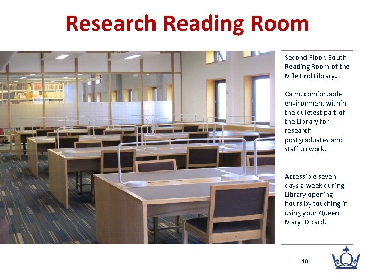 Research Reading Room Second Floor, South Reading Room of the Mile End Library. Calm,