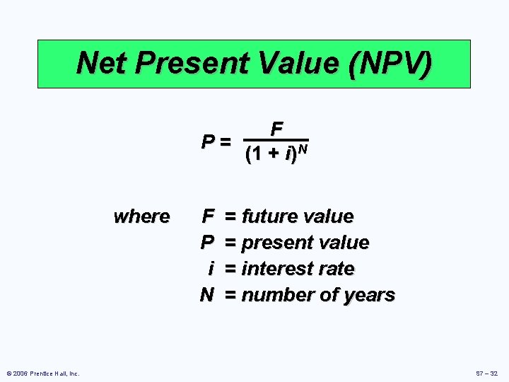 Net Present Value (NPV) F P= (1 + i)N where © 2006 Prentice Hall,