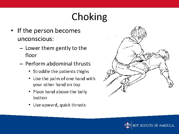 Choking • If the person becomes unconscious: – Lower them gently to the floor