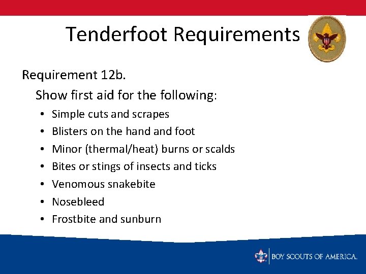 Tenderfoot Requirements Requirement 12 b. Show first aid for the following: • • Simple