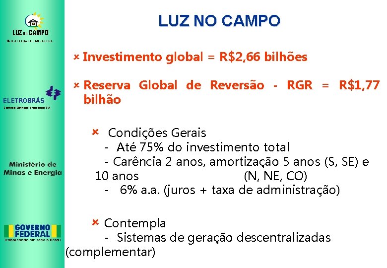 LUZ NO CAMPO Mudando o campo da noite para o dia. û Investimento global