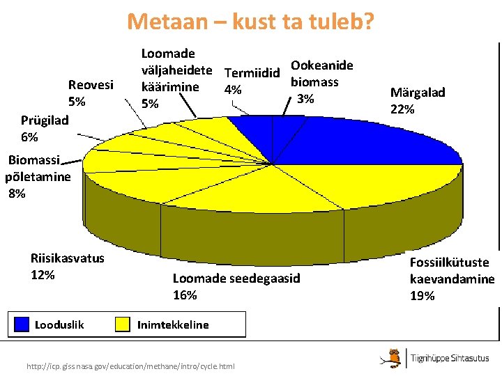 Metaan – kust ta tuleb? Reovesi 5% Prügilad 6% Loomade väljaheidete Termiidid Ookeanide biomass