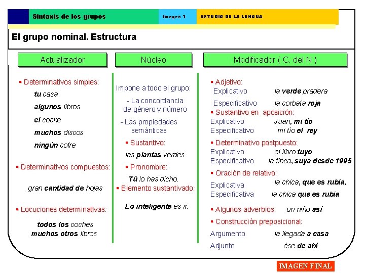 Sintaxis de los grupos Imagen 1 ESTUDIO DE LA LENGUA El grupo nominal. Estructura