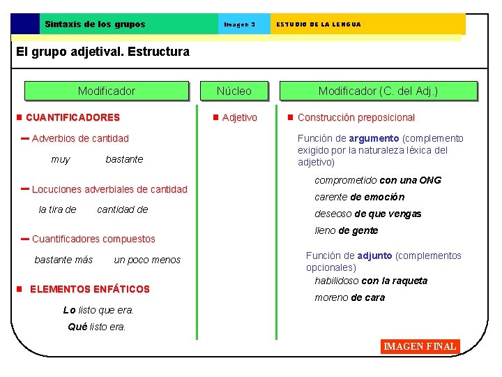 Sintaxis de los grupos Imagen 3 ESTUDIO DE LA LENGUA El grupo adjetival. Estructura