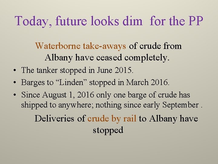 Today, future looks dim for the PP Waterborne take-aways of crude from Albany have