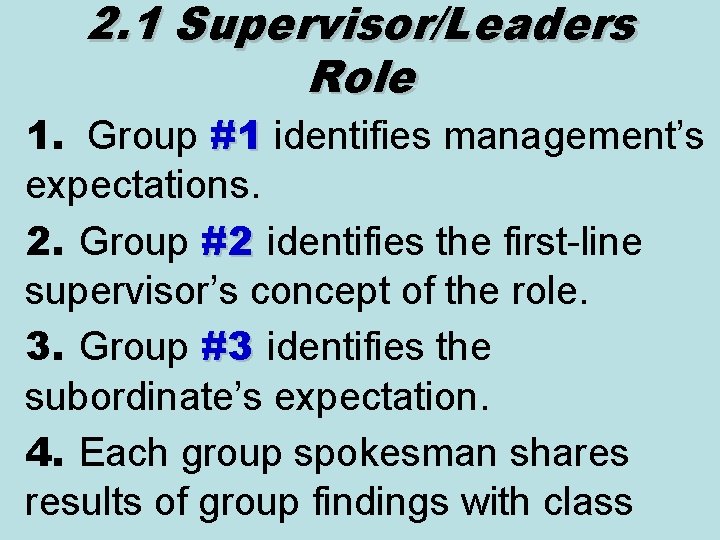 2. 1 Supervisor/Leaders Role 1. Group #1 identifies management’s expectations. 2. Group #2 identifies