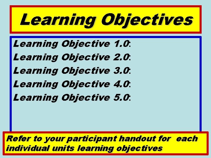 Learning Objectives Learning Objective 1. 0: Learning Objective 2. 0: Learning Objective 3. 0: