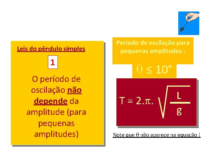 Leis do pêndulo simples 1 O período de oscilação não depende da amplitude (para Leis do pêndulo simples 1 O período de oscilação não depende da amplitude (para
