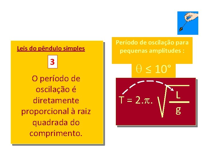 Leis do pêndulo simples 3 O período de oscilação é diretamente proporcional à raiz Leis do pêndulo simples 3 O período de oscilação é diretamente proporcional à raiz