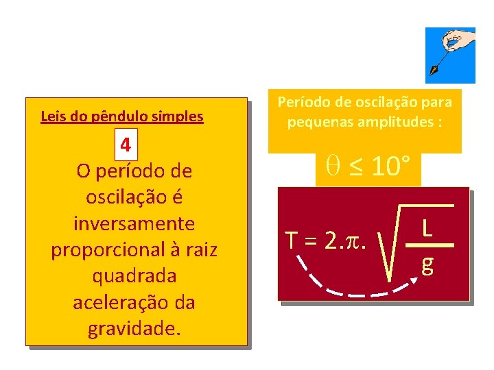 Leis do pêndulo simples 4 O período de oscilação é inversamente proporcional à raiz Leis do pêndulo simples 4 O período de oscilação é inversamente proporcional à raiz