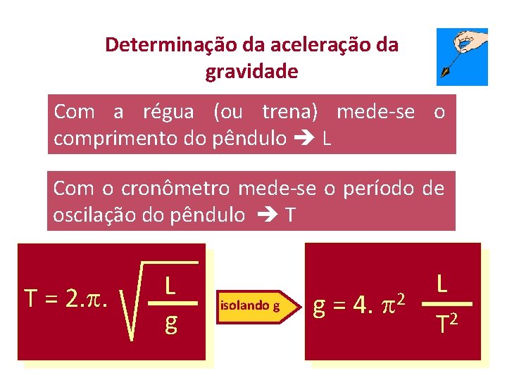 Determinação da aceleração da gravidade Com a régua (ou trena) mede-se o comprimento do Determinação da aceleração da gravidade Com a régua (ou trena) mede-se o comprimento do