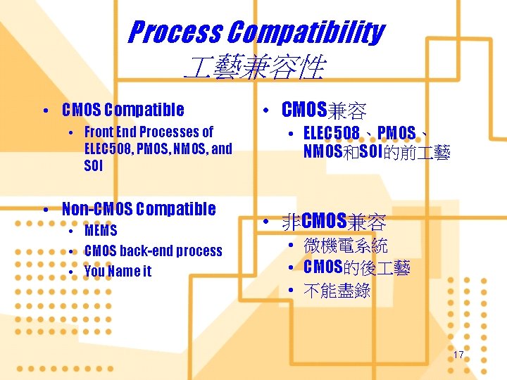 Process Compatibility 藝兼容性 • CMOS Compatible • Front End Processes of ELEC 508, PMOS,