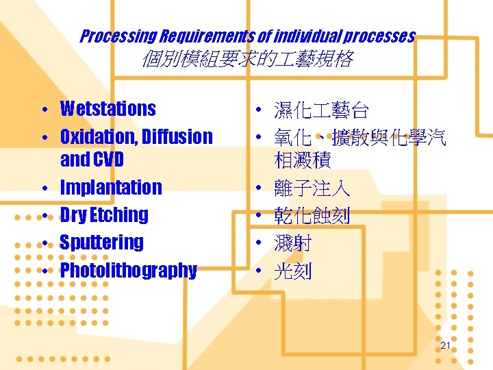 Processing Requirements of individual processes 個別模組要求的 藝規格 • Wetstations • Oxidation, Diffusion and CVD