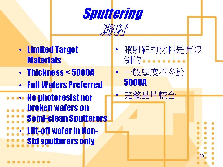 Sputtering 濺射 • 濺射靶的材料是有限 • Limited Target 制的 Materials • 一般厚度不多於 • Thickness <