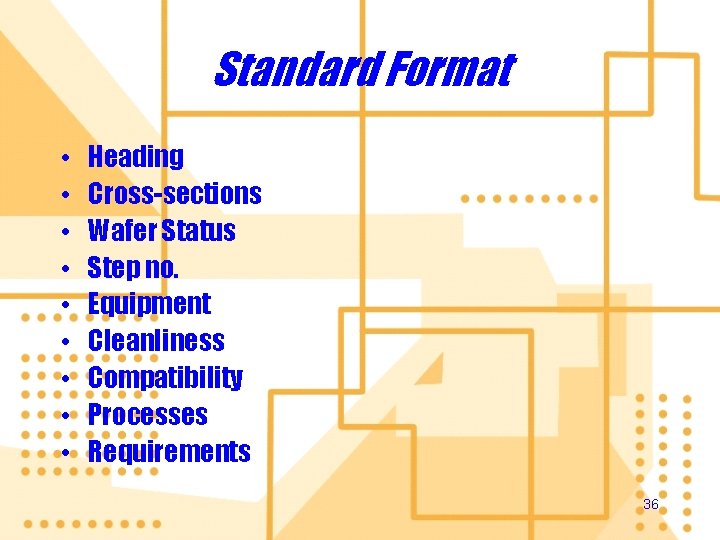 Standard Format • • • Heading Cross-sections Wafer Status Step no. Equipment Cleanliness Compatibility