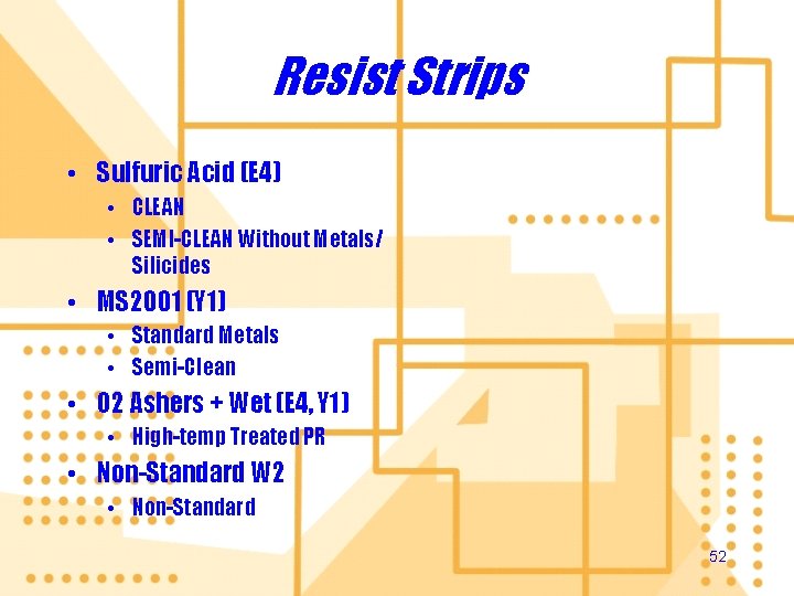 Resist Strips • Sulfuric Acid (E 4) • CLEAN • SEMI-CLEAN Without Metals/ Silicides