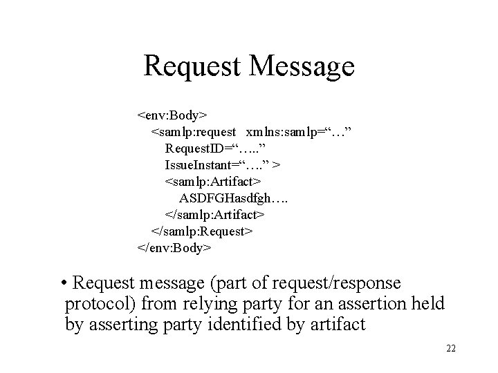 Request Message <env: Body> <samlp: request xmlns: samlp=“…” Request. ID=“…. . ” Issue. Instant=“….