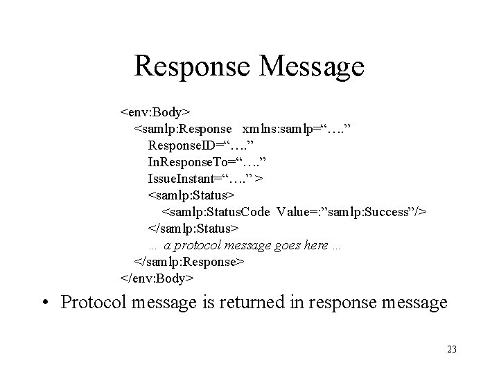 Response Message <env: Body> <samlp: Response xmlns: samlp=“…. ” Response. ID=“…. ” In. Response.