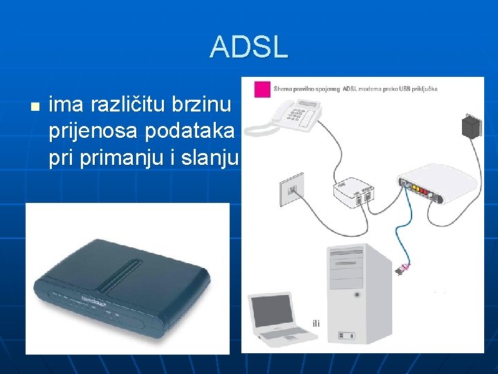 ADSL n ima različitu brzinu prijenosa podataka primanju i slanju 