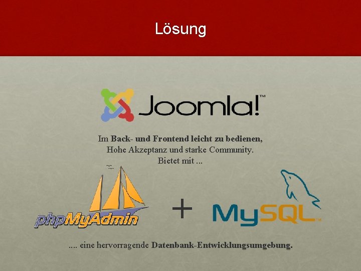 Lösung Im Back- und Frontend leicht zu bedienen, Hohe Akzeptanz und starke Community. Bietet