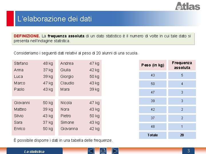 L’elaborazione dei dati DEFINIZIONE. La frequenza assoluta di un dato statistico è il numero