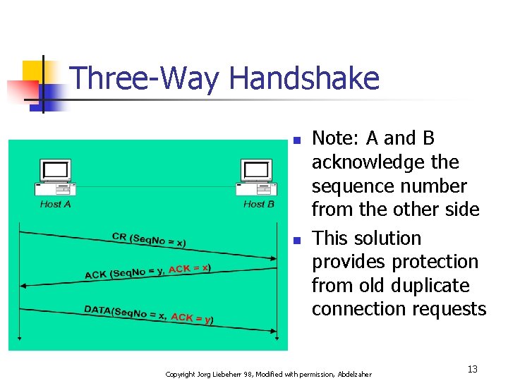 Three-Way Handshake n n Note: A and B acknowledge the sequence number from the