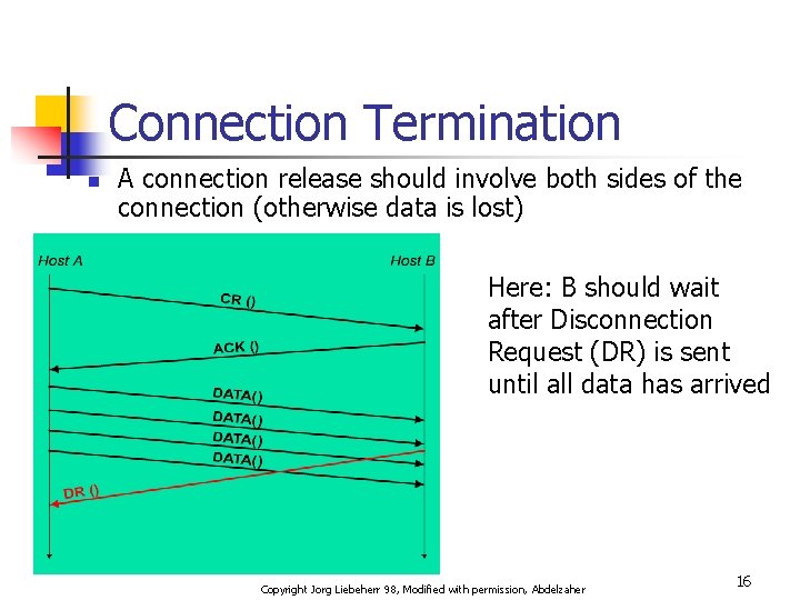 Connection Termination n A connection release should involve both sides of the connection (otherwise