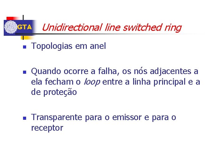 GTA n n n Unidirectional line switched ring Topologias em anel Quando ocorre a