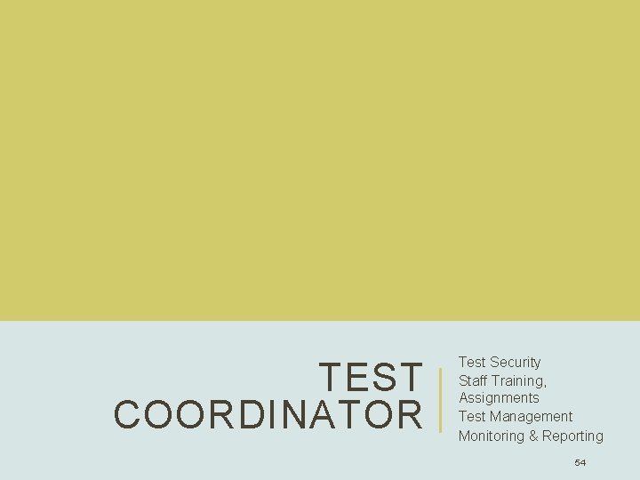 TEST COORDINATOR Test Security Staff Training, Assignments Test Management Monitoring & Reporting 54 TEST COORDINATOR Test Security Staff Training, Assignments Test Management Monitoring & Reporting 54