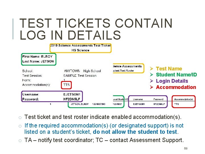 TEST TICKETS CONTAIN LOG IN DETAILS Ø Ø Test Name Student Name/ID Login Details TEST TICKETS CONTAIN LOG IN DETAILS Ø Ø Test Name Student Name/ID Login Details