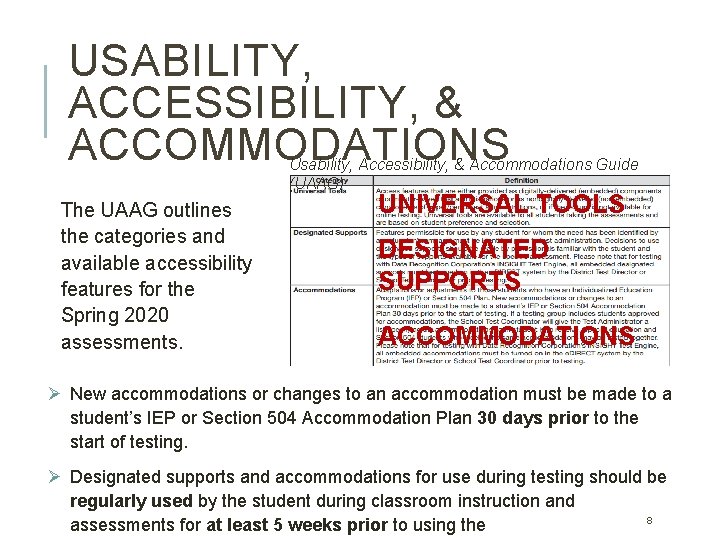 USABILITY, ACCESSIBILITY, & ACCOMMODATIONS Usability, Accessibility, & Accommodations Guide (UAAG) The UAAG outlines the USABILITY, ACCESSIBILITY, & ACCOMMODATIONS Usability, Accessibility, & Accommodations Guide (UAAG) The UAAG outlines the