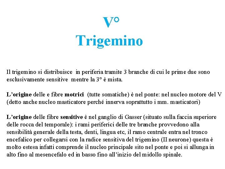 V° Trigemino Il trigemino si distribuisce in periferia tramite 3 branche di cui le