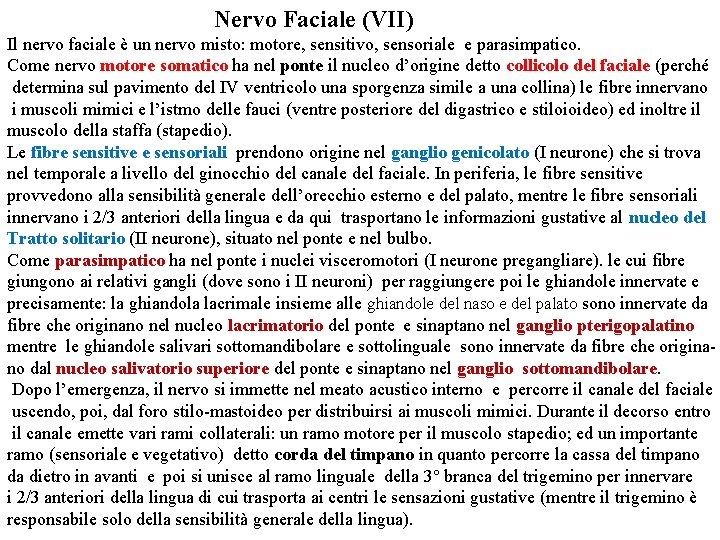 Nervo Faciale (VII) Il nervo faciale è un nervo misto: motore, sensitivo, sensoriale e