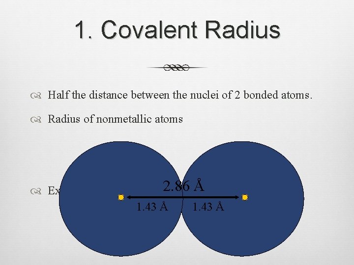 1. Covalent Radius Half the distance between the nuclei of 2 bonded atoms. Radius