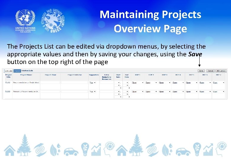 Maintaining Projects Overview Page The Projects List can be edited via dropdown menus, by