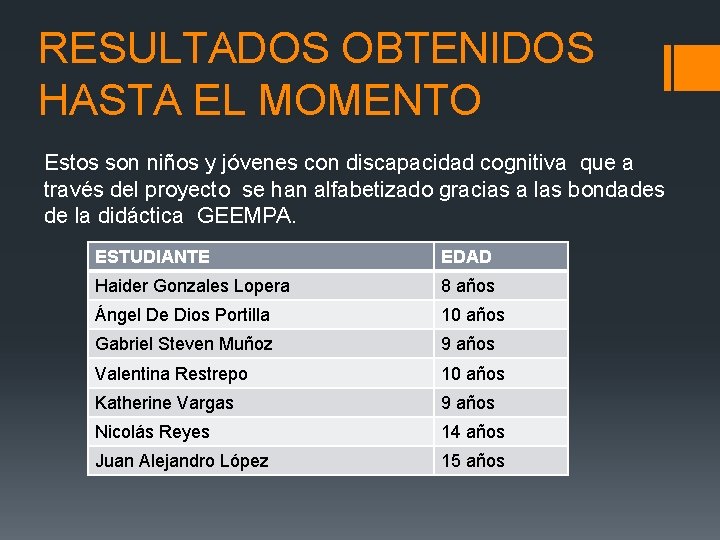 RESULTADOS OBTENIDOS HASTA EL MOMENTO Estos son niños y jóvenes con discapacidad cognitiva que