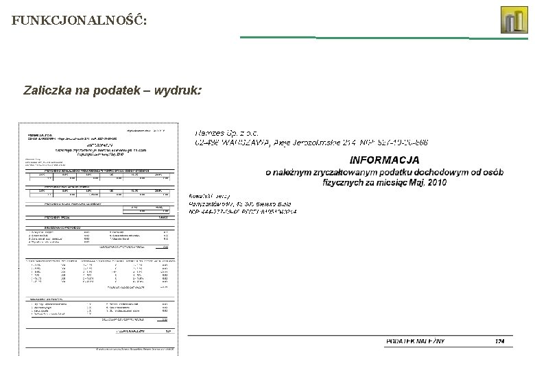 FUNKCJONALNOŚĆ: Zaliczka na podatek – wydruk: 