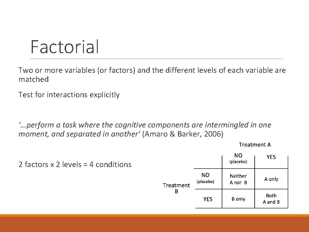 Factorial Two or more variables (or factors) and the different levels of each variable