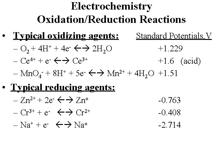 Electrochemistry Oxidation/Reduction Reactions • Typical oxidizing agents: Standard Potentials, V – O 2 +