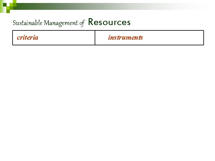 Sustainable Management of criteria Resources instruments 