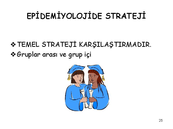 EPİDEMİYOLOJİDE STRATEJİ v TEMEL STRATEJİ KARŞILAŞTIRMADIR. v Gruplar arası ve grup içi 25 