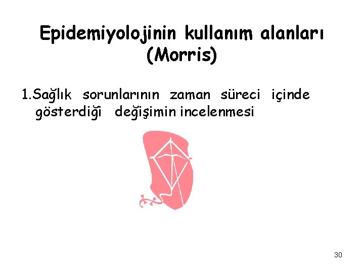 Epidemiyolojinin kullanım alanları (Morris) 1. Sağlık sorunlarının zaman süreci içinde gösterdiği değişimin incelenmesi 30