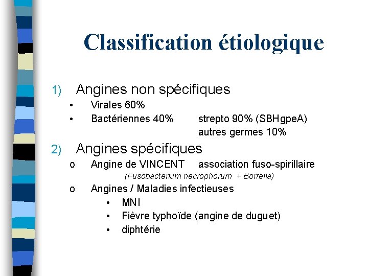 Classification étiologique Angines non spécifiques 1) • • Virales 60% Bactériennes 40% strepto 90% Classification étiologique Angines non spécifiques 1) • • Virales 60% Bactériennes 40% strepto 90%
