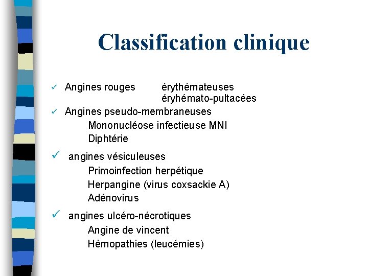 Classification clinique érythémateuses éryhémato-pultacées ü Angines pseudo-membraneuses Mononucléose infectieuse MNI Diphtérie ü Angines rouges Classification clinique érythémateuses éryhémato-pultacées ü Angines pseudo-membraneuses Mononucléose infectieuse MNI Diphtérie ü Angines rouges