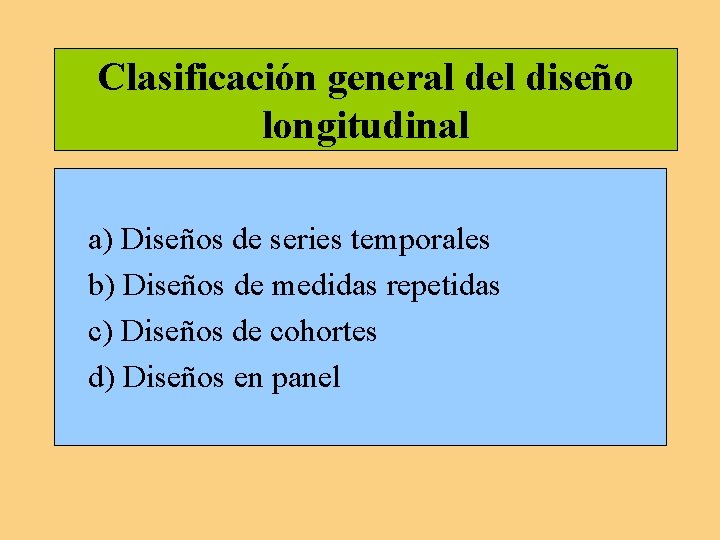 Clasificación general del diseño longitudinal a) Diseños de series temporales b) Diseños de medidas Clasificación general del diseño longitudinal a) Diseños de series temporales b) Diseños de medidas