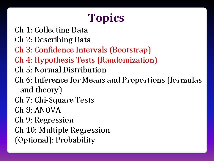 Topics Ch 1: Collecting Data Ch 2: Describing Data Ch 3: Confidence Intervals (Bootstrap)