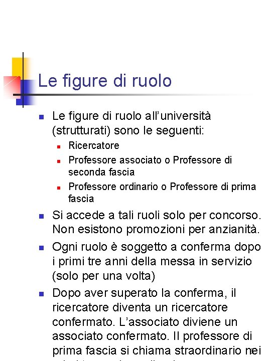 Le figure di ruolo n Le figure di ruolo all’università (strutturati) sono le seguenti: Le figure di ruolo n Le figure di ruolo all’università (strutturati) sono le seguenti: